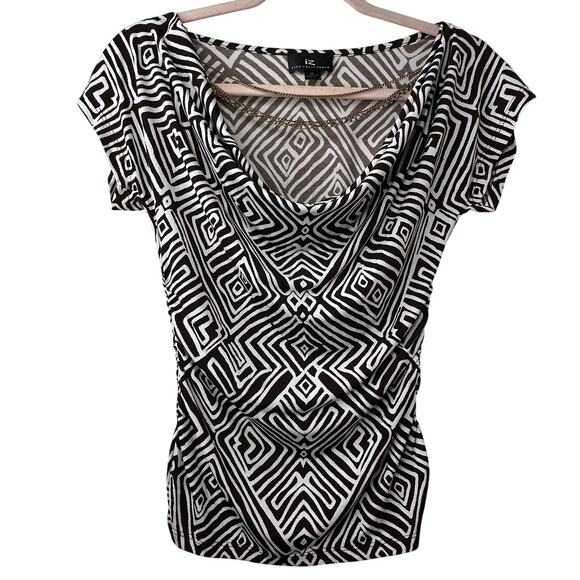 Md Y2K VTG IZ Byer Brown Geometric Print Cowl Neck Ruched Top w/ Chain Bratzcore - Picture 1 of 6